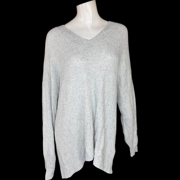 American Eagle Gray Oversized Knit V-Neck Sweater Pullover Women’s Large Cozy - Picture 1 of 15